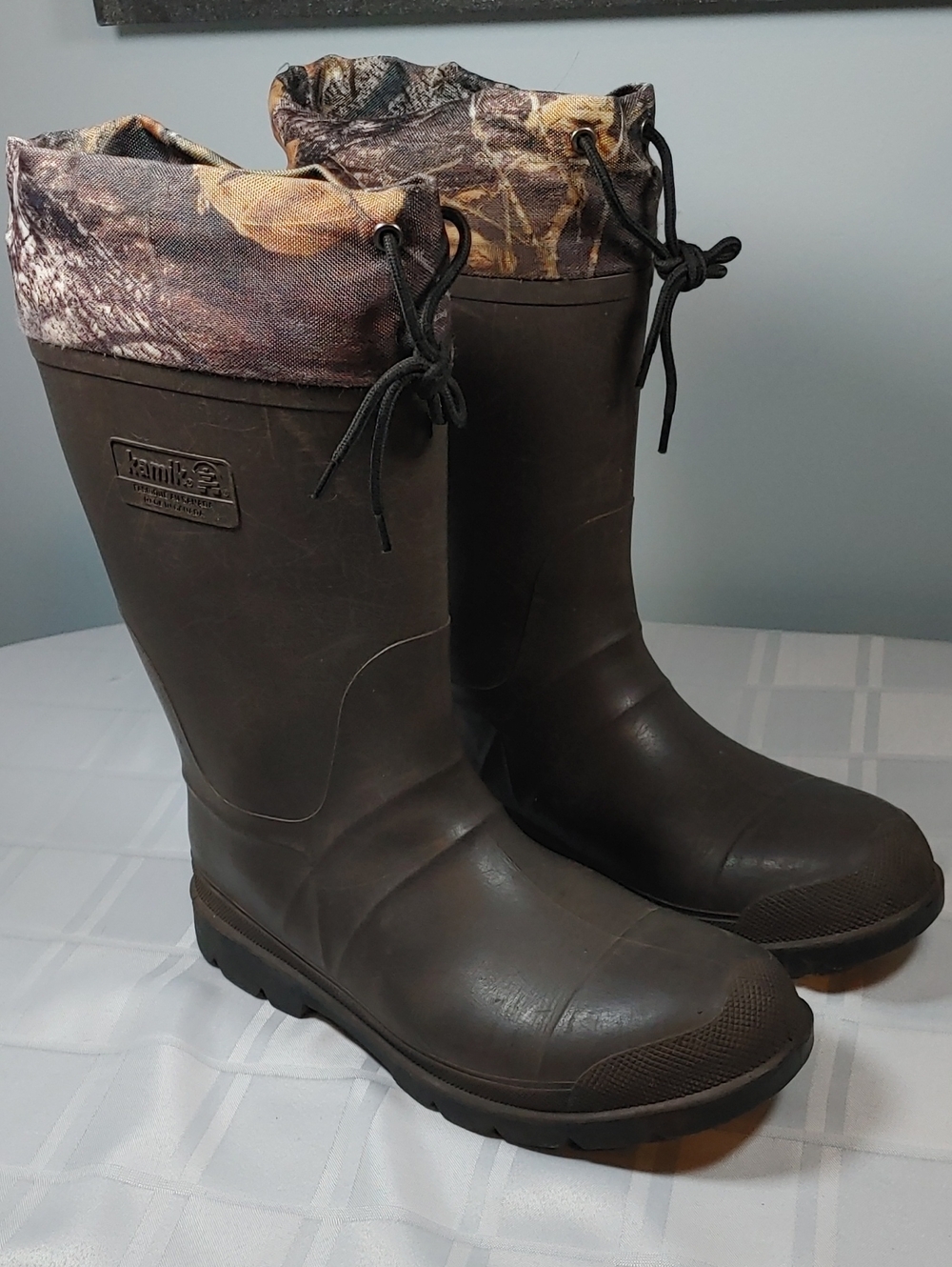 Kamik Men's Brown Waterproof Rubber Hunting Boots with Camo Cuff, Canadian-made